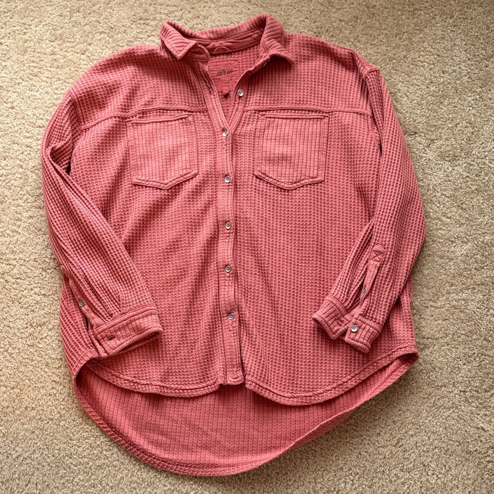 Aerie Lumberjane Waffle-knit Button-down, size medium, pink/rust
